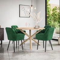 More4Homes Malvern Round Dining Table & Chairs - Oak Table Top w Solid Oak Legs + Anika Velvet Dining Chair Set Of 4 in Green
