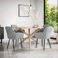 More4Homes Malvern Round Dining Table & Chairs - Oak Table Top w Solid Oak Legs + Anika Velvet Dining Chair Set Of 4 in Grey