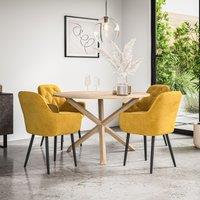 More4Homes Malvern Round Dining Table & Chairs - Oak Table Top w Solid Oak Legs + Anika Velvet Dining Chair Set Of 4 in Mustard