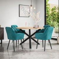 More4Homes Malvern Round Dining Table & Chairs - Oak Table Top w Solid Oak Black Legs + Anika Velvet Dining Chair Set Of 4 in Blue