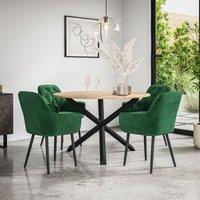 More4Homes Malvern Round Dining Table & Chairs - Oak Table Top w Solid Oak Black Legs + Anika Velvet Dining Chair Set Of 4 in Green