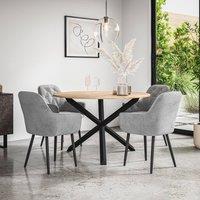 More4Homes Malvern Round Dining Table & Chairs - Oak Table Top w Solid Oak Black Legs + Anika Velvet Dining Chair Set Of 4 in Grey