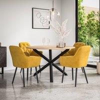 More4Homes Malvern Round Dining Table & Chairs - Oak Table Top w Solid Oak Black Legs + Anika Velvet Dining Chair Set Of 4 in Mustard
