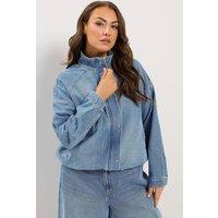 Yours Women's Denim Funnel Neck Bomber Jacket in Mid Blue | Size: 26-28