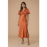 Oasis Women's Rust Satin Twist Front Angel Sleeve Midi Bridesmaid Dress | Size: 18