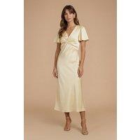 Oasis Women's Butter Yellow Satin Twist Front Angel Sleeve Midi Bridesmaid Dress | Size: 14