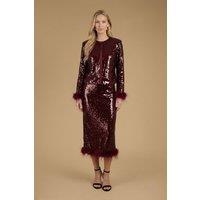 Oasis Women's Sequin Feather Trim Midi Skirt in Merlot | Size: 12