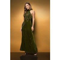 Coast Women's Velvet Halter Neck Embellished Floral Maxi Dress in Olive | Size: 16