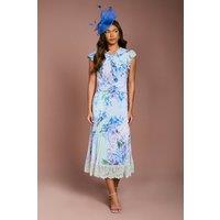 Coast Women's Floral Printed Georgette Dress With Lace Trims in Blue | Size: 14