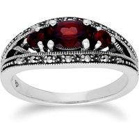 Gemondo Women's Art Deco Style Oval Garnet & Marcasite Three Stone Ring in 925 Sterling Silver | Size: P