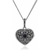 Gemondo Women's Art Nouveau Style Round Sapphire & Marcasite Heart Necklace in 925 Sterling Silver | Size: 18 inches