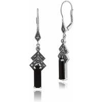 Gemondo Women's Art Deco Style Rectangle Black Onyx & Marcasite Drop Earrings in 925 Sterling Silver