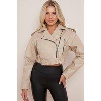 STYLEWISE Women's Faux Leather Belted - Cropped Fit - Biker Jacket in Stone | Size: Medium