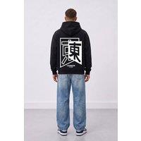 LONDON ATTITUDE Men's Oversized Japanese Inspired Graphic Hoodie in Black | Size: 2XL