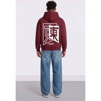 LONDON ATTITUDE Men's Relaxed Fit Japanese Inspired Graphic Hoodie in Burgundy | Size: XS