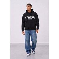 LONDON ATTITUDE Men's Relaxed Fit Collegiate Graphic Hoodie in Black | Size: Large