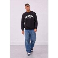 LONDON ATTITUDE Men's Relaxed Fit Collegiate Front Print Sweatshirt in Black | Size: Small