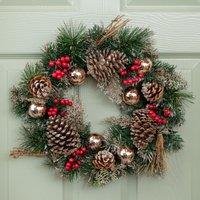 Samuel Alexander 40cm Hanging Christmas Wreath with Gold Baubles, Berries & Pinecones in Green