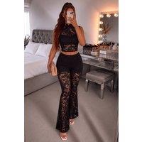 STYLEWISE Women's Floral Lace High Neck Cropped Top Flared Trouser Co-Ord Set in Black | Size: 8