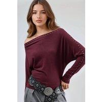 Busem Women's Boat Neck Blouse with Stone Accessory in Burgundy | Size: Small