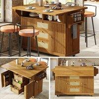 Matteo Foldable Serving Trolley - Rattan Effect - Kitchen Island in Light Brown
