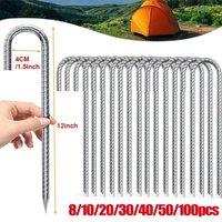 NESTLUNE 10pcs Strong Tent Pegs 12 Steel J Hook Ground Rebar in Silver