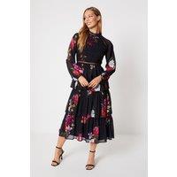Oasis Women's Floral Lace Trim Dobby Chiffon Tiered Midaxi Dress in Black | Size: 14