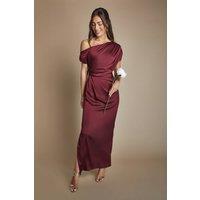 Coast Women's Satin Ruched Detail Off-The Shoulder Maxi Bridesmaid Dress in Malbec | Size: 18