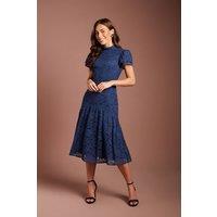 Coast Women's Lace Frill Sleeve High Neck Midi Dress in Navy | Size: 14