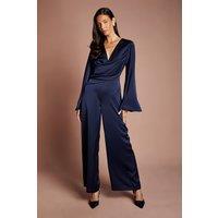 Coast Women's Wrap Waist Satin Jumpsuit With Flare Sleeve in Navy | Size: 8