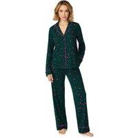 DKNY Women's Folded Long Sleeve Notch Top & Pant Sleep Set in Cool Pine Animal in Dark Green | Size: Medium