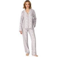 DKNY Women's Long Sleeve Notch Top & Pant Sleep Set in Faux Grey Logo Stripe in Light Grey | Size: Large