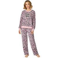 DKNY Women's Crew Top & Pant Fleece Pyjama Set in Leopard that Comes Ready Folded | Size: XS
