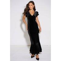 Gini London Women's Black V Neck Ruffle Sleeves Velvet Occasion Maxi Dress | Size: 16