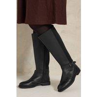 Evans Women's Leather Buckle Knee High Riding Boots In Wide E & Extra Wide EEE Fit in Black | Size: 6E
