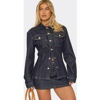 EGO Women's Long Sleeve Button Down Split Hem Denim Jacket in Dark Blue | Size: 6