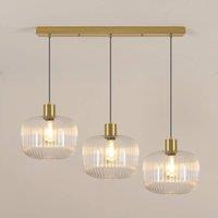 Pheashine Modern 3 Light Pendant, Gold Linear Ribbed Glass Shades E27