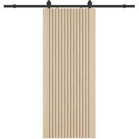 Vente-unique Sliding Door With Pocket Door System In Wood & Grooved MDF - H205 X in Light Oak