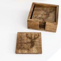 Marco Paul Wooden Stag Design Set of 4 Coasters with Holder Bar Storage in Natural