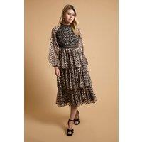 Oasis Women's Lace Trim Dobby Chiffon Tiered Midaxi Dress in Animal | Size: 14