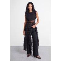 Warehouse Women's Petite Tulle Embroidered Ruffle Tiered Maxi Dress in Black | Size: 14