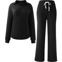 MODISHION Women's 2-Piece Casual Turn-Down Collar Long-Sleeved Loungewear Set in Black | Size: Large