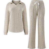 MODISHION Women's 2-Piece Casual Turn-Down Collar Long-Sleeved Loungewear Set in Light Stone | Size: Medium