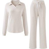 MODISHION Women's 2-Piece Casual Turn-Down Collar Long-Sleeved Loungewear Set in Light Beige | Size: XL