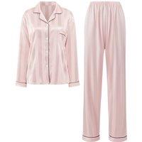 MODISHION Women's 2-Piece Button-Up Long-Sleeved Pyjamas Set in Light Pink | Size: XL