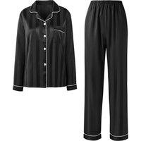 MODISHION Women's 2-Piece Button-Up Long-Sleeved Pyjamas Set in Black | Size: XL