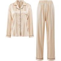 MODISHION Women's 2-Piece Button-Up Long-Sleeved Pyjamas Set in Light Beige | Size: Large