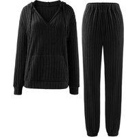 MODISHION Women's 2-Piece Casual Ribbed Knit V-Neck Hooded Loungewear Set in Black | Size: Large