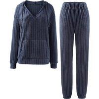 MODISHION Women's 2-Piece Casual Ribbed Knit V-Neck Hooded Loungewear Set in Dark Navy | Size: Large
