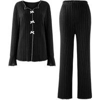 MODISHION Women's 2-Piece Casual Ribbed Knit V-Neck Loungewear Set in Black | Size: XL